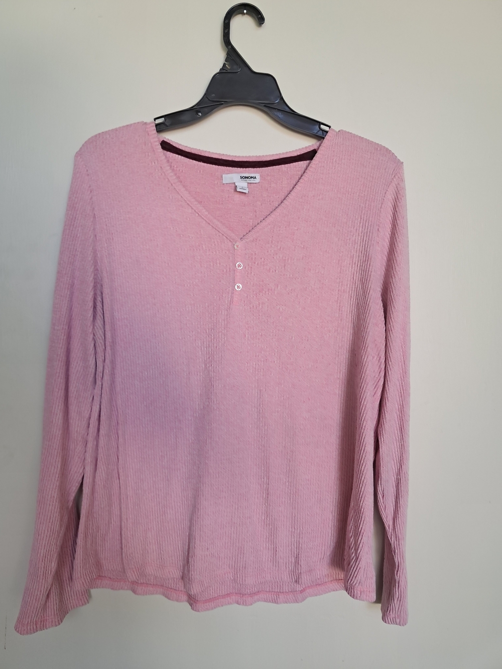Sonoma Dusty Pink Ribbed V-Neck Henley Long Sleeve Top